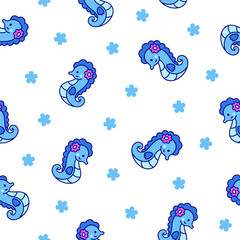 Cute kawaii seahorse. Seamless pattern. Cartoon underwater animal characters. Hand drawn style. Vector drawing. Design ornaments.