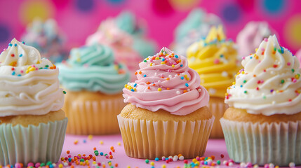 Cupcakes with pink and blue frosting, topped with sprinkles, set against a light teal pastel background. Confetti in the background adds a vibrant, celebration vibe.