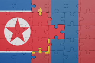puzzle with the colourful national flag of mongolia and flag of north korea .