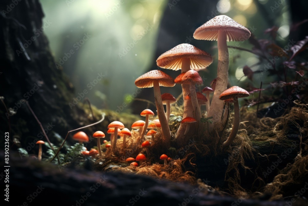 Poster exploring the mystical and enchanting world of glowing mushrooms in the untouched and serene atmosph