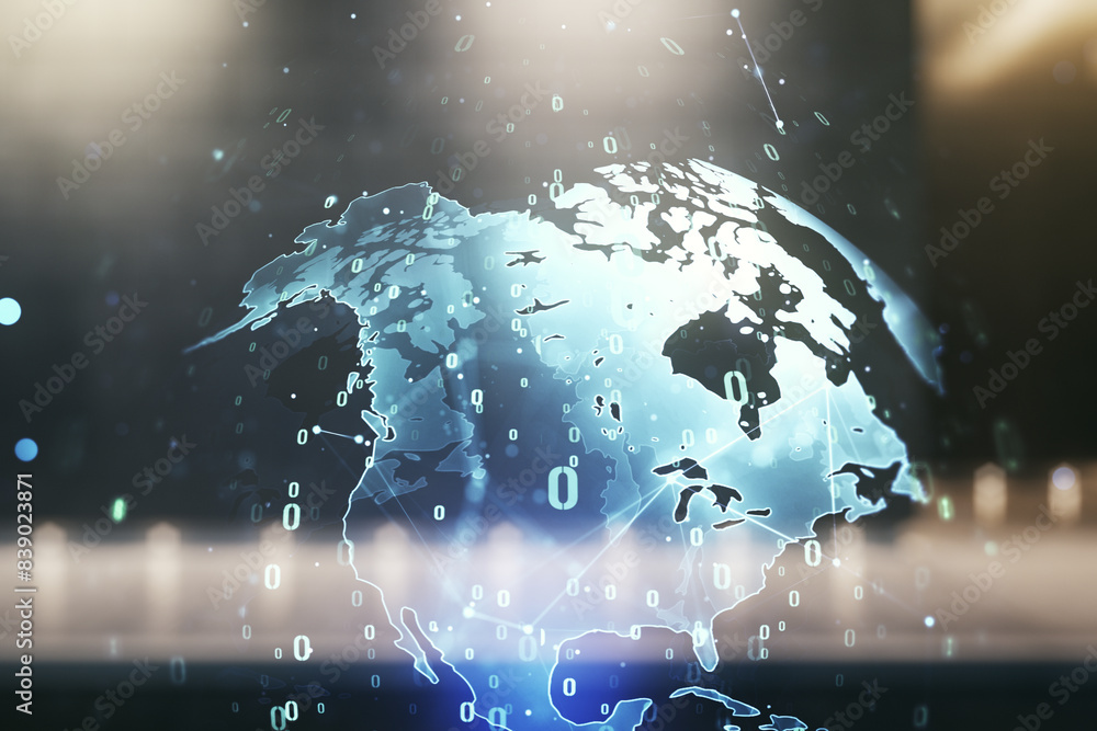 Aufkleber multi exposure of abstract creative coding sketch and world map on blurry modern office building bac