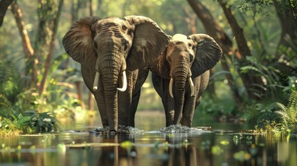 Fototapeta premium Two elephants are standing in a pond, one of which is looking at the camera. The scene is peaceful and serene, with the elephants and the water creating a sense of calmness