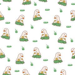 Cute kawaii goose. Seamless pattern. Cartoon funny duck characters. Hand drawn style. Vector drawing. Design ornaments.
