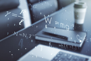 Creative scientific formula illustration on modern computer background, science and research...