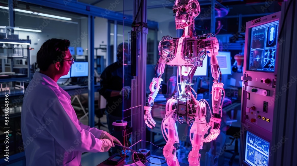 Aufkleber a man in a lab coat is working on a robot. the robot is white and has a blue heart. the scene is set