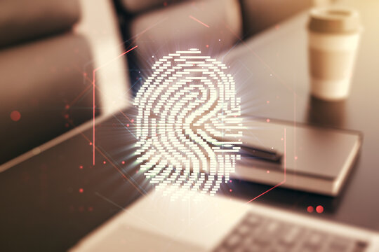 Double exposure of abstract creative fingerprint hologram on computer background, protection of personal information concept
