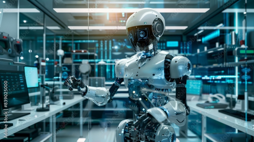 Poster a man in a lab coat is working on a robot. the robot is white and has a blue heart. the scene is set