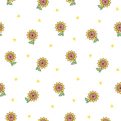 Kawaii cute sunflower. Seamless pattern. Cartoon flower characters with happy smile. Hand drawn style. Vector drawing. Design ornaments.