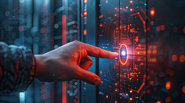 Closeup of a hand opening a futuristic, hightech door with a glowing keypad, 3D design, side view, showcasing innovation and anticipation, digital tone, Triadic Color Scheme