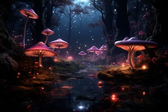Magical night landscape with glowing mushrooms and a serene stream