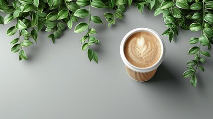 A cup of coffee is sitting on a table next to some green leaves