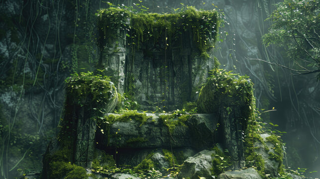 Photorealistic depiction of an ancient stone throne covered in moss and vines
