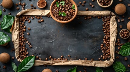 A black background with a bowl of coffee beans and a leafy green plant