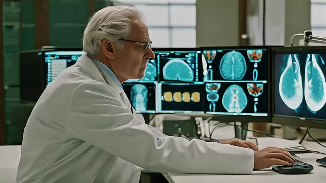 A middleaged male doctor in glasses is looking at an scan of the human brain on his computer screen