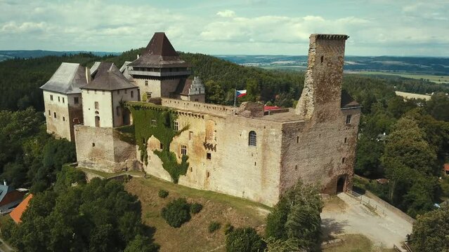 Aerial view of medieval castle Lipnice from the 14th century. Famous landmark in Lipnice nad Sazavou, Vysocina, Czech republic, European union.