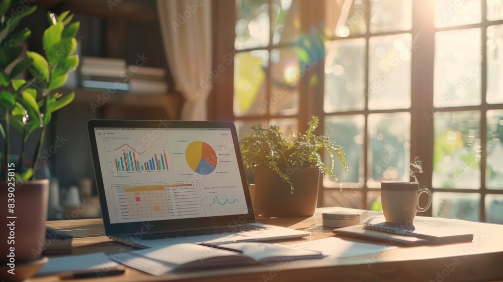 Poster a laptop is open on a desk with a potted plant in the background. the laptop screen displays a graph