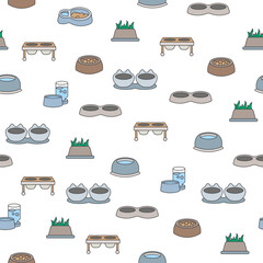 Cat and dog bowl. Seamless pattern. Pet food. Veterinary shop merchandise. Hand drawn style. Vector drawing. Design ornaments.