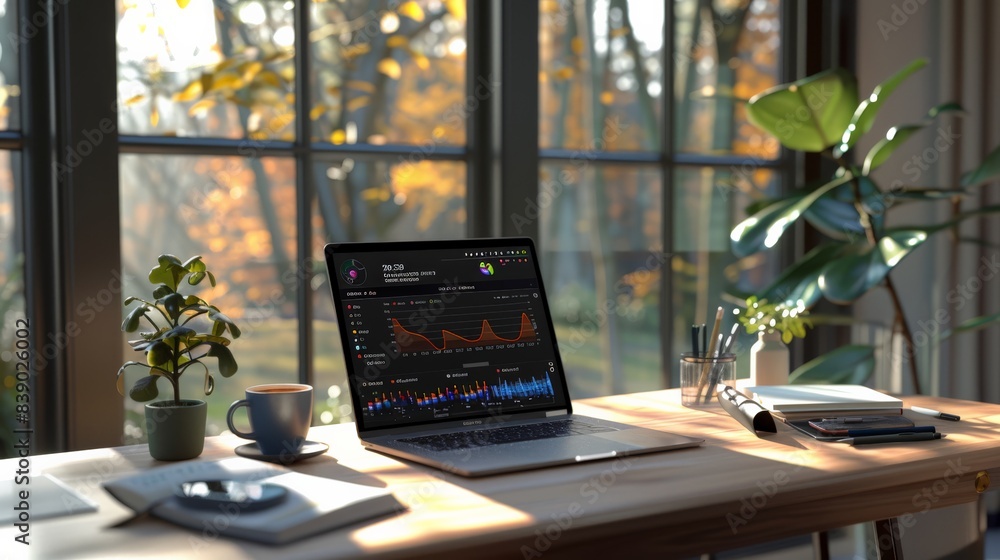 Poster a laptop is open on a desk with a potted plant in the background. the laptop screen displays a graph