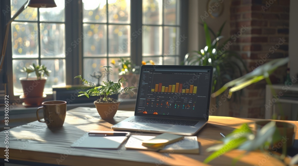 Poster a laptop is open on a desk with a potted plant in the background. the laptop screen displays a graph