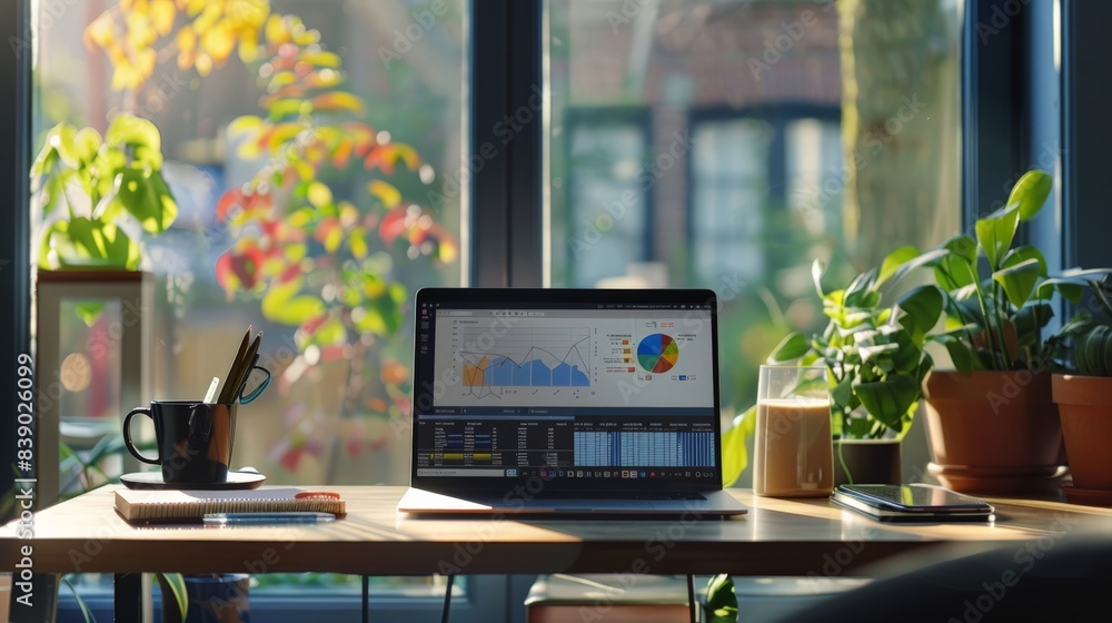 Poster a laptop is open on a desk with a potted plant in the background. the laptop screen displays a graph