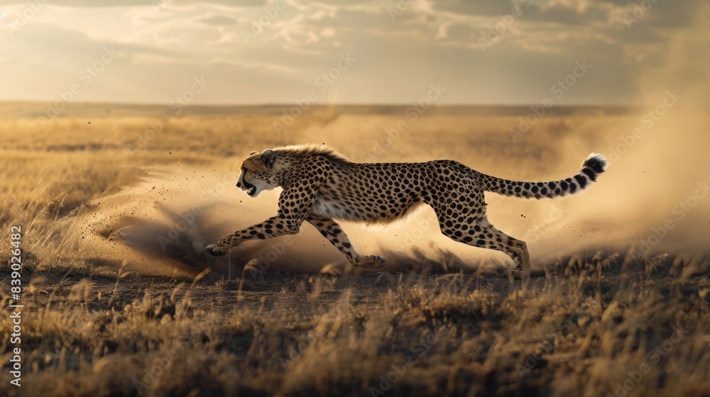 Poster a cheetah is running through the desert, kicking up a cloud of dust behind it. the scene is intense 