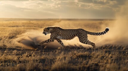 A cheetah is running through the desert, kicking up a cloud of dust behind it. The scene is intense and dramatic, with the cheetah's speed and agility on full display