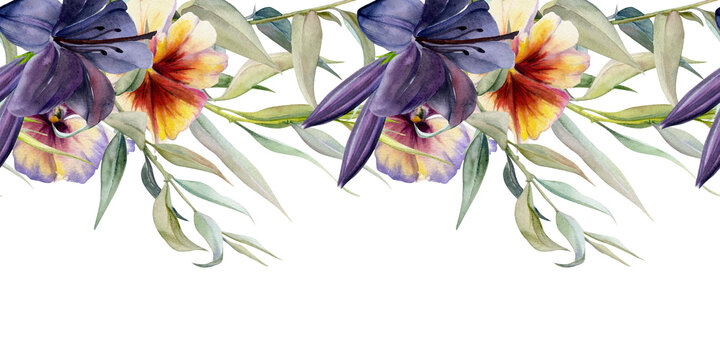 Hand drawn watercolor illustration boho botanical flowers leaves. Dark lily clivia amaryllis, pansy viola, willow eucalyptus. Seamless banner isolated white. Design wedding suite, love cards, shop