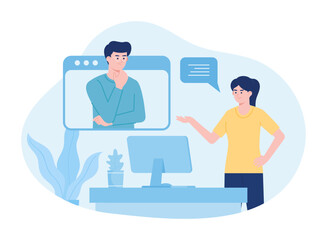 Woman and man talking online on laptop concept flat illustration