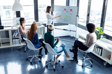 Businesswomen during meeting at a flipchart, presenting ideas for a search engine optimisation