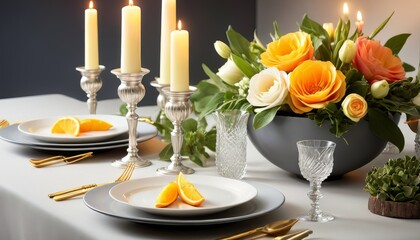 A sophisticated dinner table setup featuring elegant candles, vibrant floral centerpiece, and neatly arranged plates and utensils. This image exudes a sense of luxury and preparation for a special
