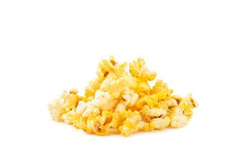 Delicious popcorn isolated on white background. Cinema and entertainment concept. Movie night with popcorn. Cheese and caramel popcorn. Delicious appetizer, snack. Banner