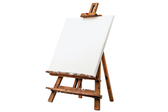 Wooden easel with a blank canvas, ready for painting or drawing, isolated on a transparent background.