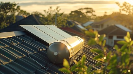 Rooftop solar water heater capturing sunlight at sunrise, showcasing sustainable energy solutions for eco-friendly home heating.