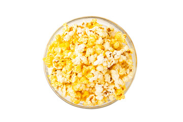 Delicious popcorn isolated on white background. Cinema and entertainment concept. Movie night with popcorn. Cheese and caramel popcorn. Delicious appetizer, snack. Banner
