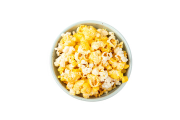 Delicious popcorn isolated on white background. Cinema and entertainment concept. Movie night with popcorn. Cheese and caramel popcorn. Delicious appetizer, snack. Banner