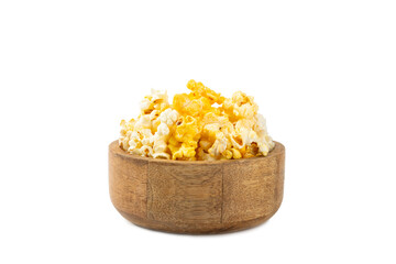 Delicious popcorn isolated on white background. Cinema and entertainment concept. Movie night with popcorn. Cheese and caramel popcorn. Delicious appetizer, snack. Banner