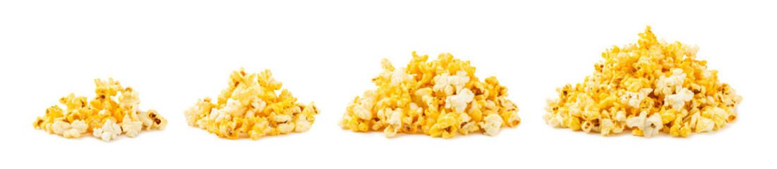 Delicious popcorn isolated on white background. Cinema and entertainment concept. Movie night with popcorn. Cheese and caramel popcorn. Delicious appetizer, snack. Banner