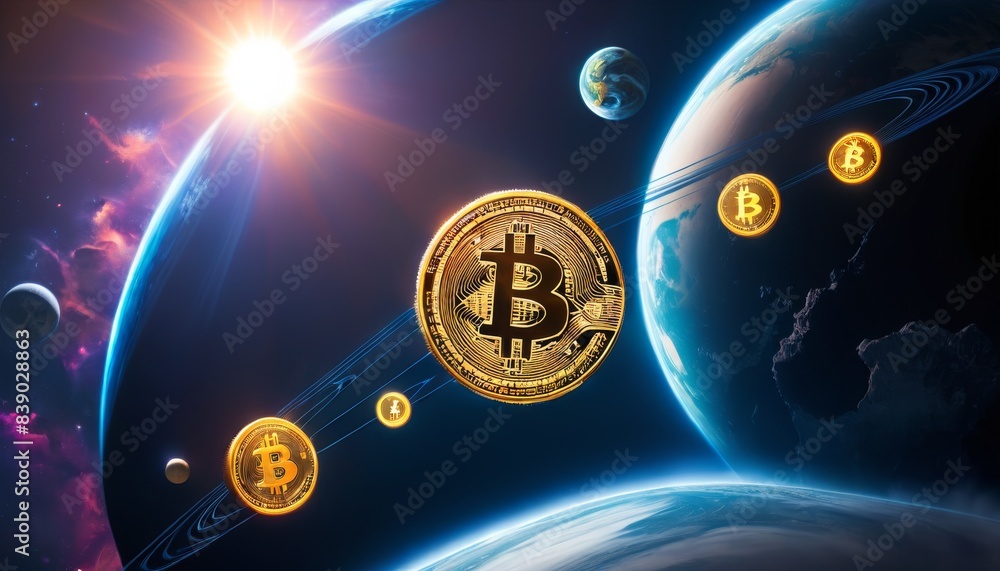 Aufkleber an imaginative depiction of golden bitcoins orbiting planets in outer space. this image creatively r