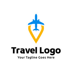 Fototapeta premium logo design combining the shape of a pin map with an airplane, logo design traveling template