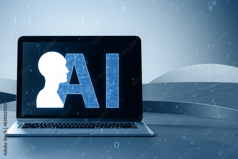 Aufkleber Close up of laptop with creative glowing AI head outline hologram on dark background with binary coding. Artificial intelligence and technology concept. 3D Rendering.