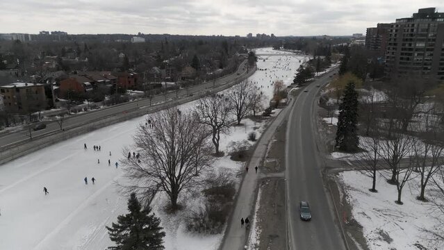Skating Rideau Canal Skateway drone shot in winter