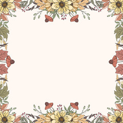 Hand Drawn Autumn Flower and Leaves Frame Background