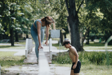 Two young adults practicing balance exercises on a fence in a lush, green park. Natural outdoor gym...