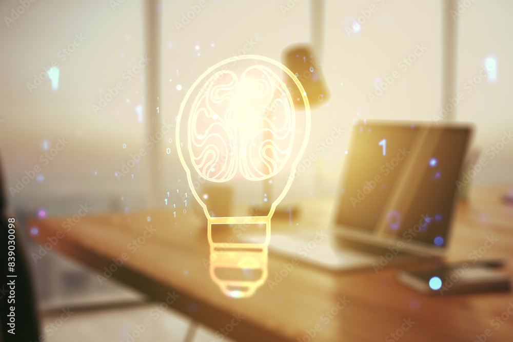 Poster creative light bulb with human brain hologram on modern laptop background, artificial intelligence a