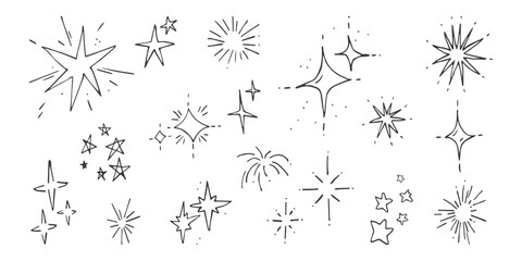 Star and starbursts doodle set. For the design of surfaces, prints, wrapping paper, cards, posters, banners, printing