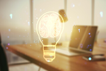 Creative light bulb with human brain hologram on modern laptop background, artificial Intelligence...