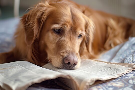 Smart Dog Engaged in Reading Newspaper
