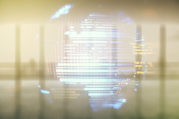 Abstract virtual coding concept and world map hologram on empty corporate office background....