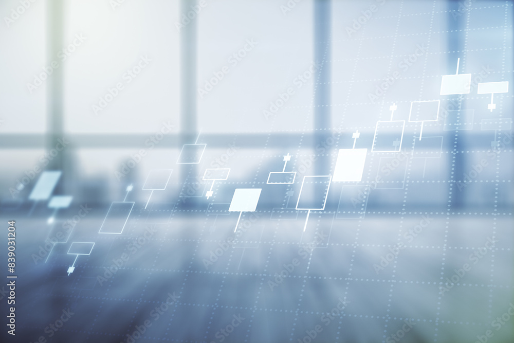 Poster multi exposure of virtual abstract financial graph interface on modern interior background, financia
