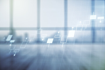 Multi exposure of virtual abstract financial graph interface on modern interior background, financial and trading concept